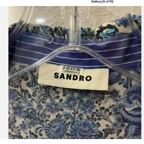 Sandro Dress Size 0 Blue Floral Wrap Midi 3/4-Sleeve Collar‎ Tie *READ FLAW* - Picture 3 of 10